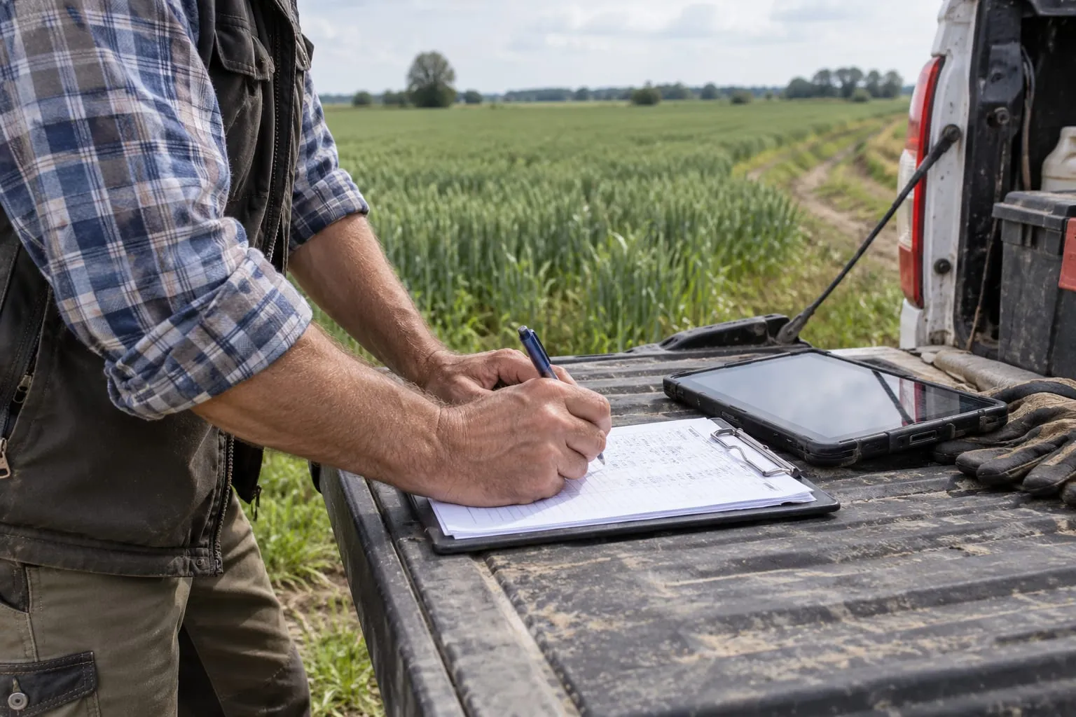 Agronómus jegyzetel a búzatábla szélén, mellette tablet
