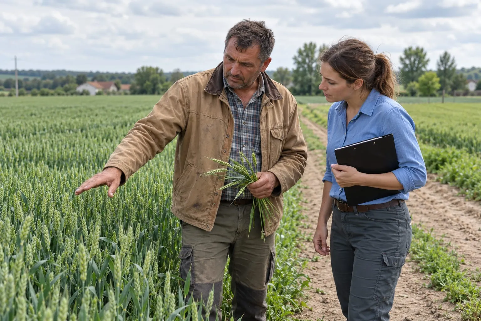 Gazdálkodó és agronómus közösen szemlézi a búzatáblát