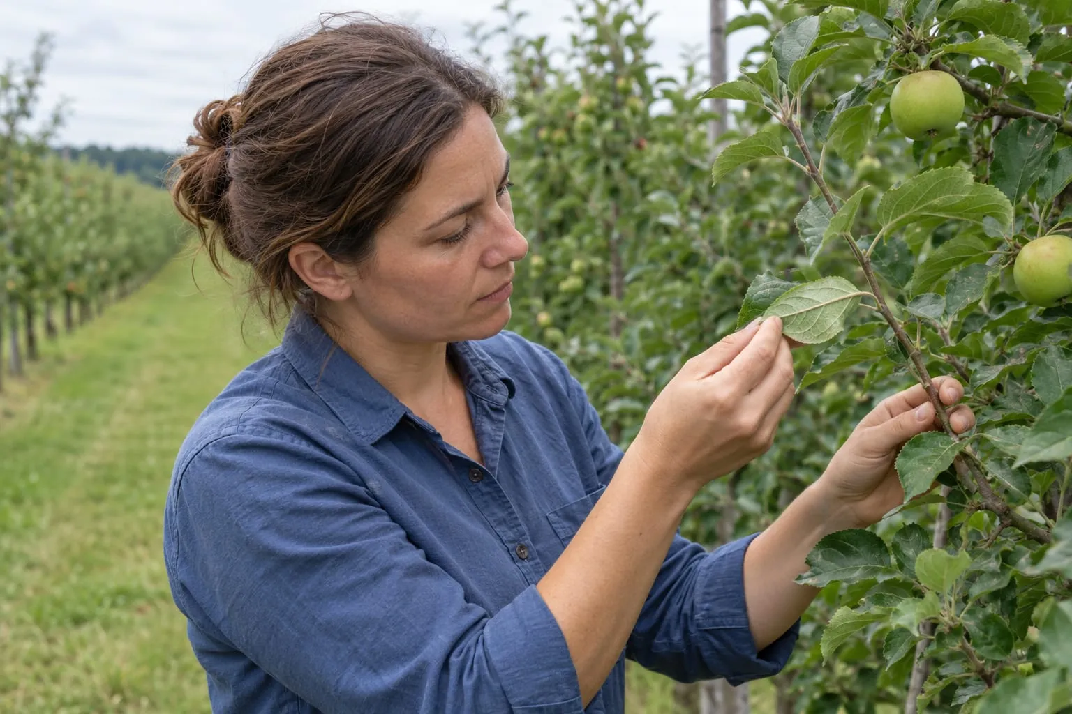 Agronómus almalevelet vizsgál az almaültetvényben